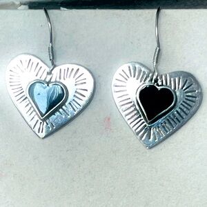 925 sterling Silver Heart Earrings, Southwestern Black Onyx Vintage Earrings